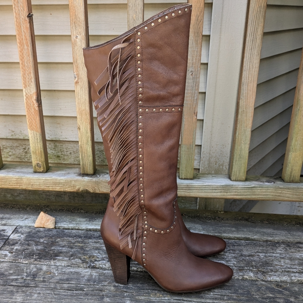 Nicole Ageless Over The Knee Leather Fringe Pointed Toe Boots Size 8.5